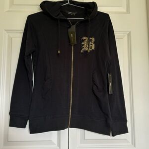 BCBGMAXAZRIA Hoodie black with gold zipper & hardware. Size L NWTS